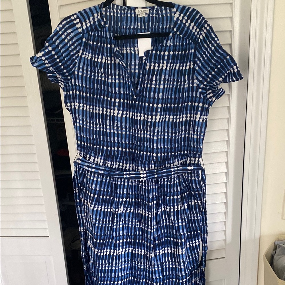 J. Crew Blue and White Sheath Midi Dress with Raglan Sleeves